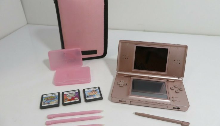 Nintendo DS Lite Metallic Rose Console with 3 Video games, 5 Stylus & Case No Charger!