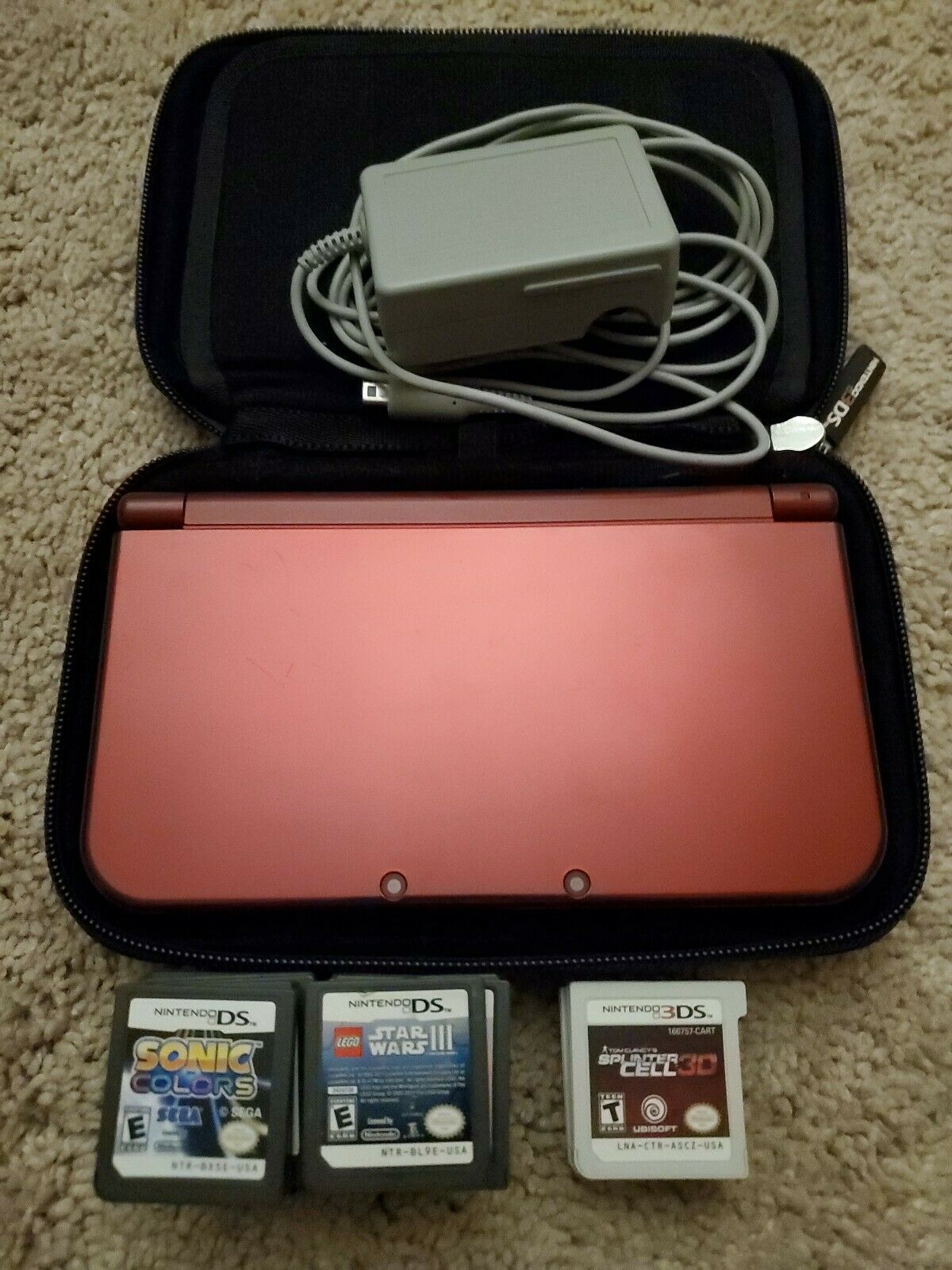 Recent Nintendo 3DS XL Crimson Handheld Gaming Gadget + Charger + 24 Video games Bundle