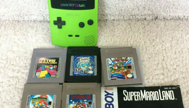 Nintendo Gameboy Colour Kiwi Inexperienced Bundle LOT w/ 5 Video games (Large Mario Land+)