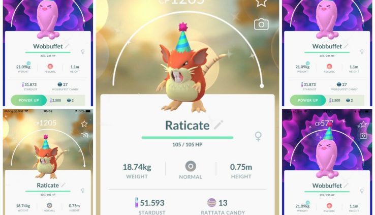 Pokemon Wander Gleaming Raticate or Gleaming Wobbuffet with Occasion hat – Exchange 20k stardust