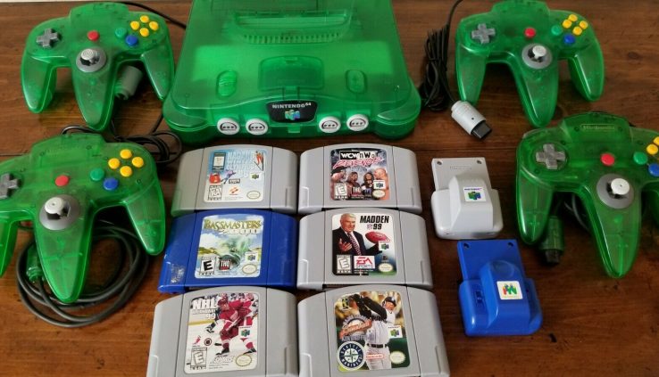 NINTENDO 64 Diagram Jungle Inexperienced with 4 Controllers Rumble, Growth Paks  6 Gms