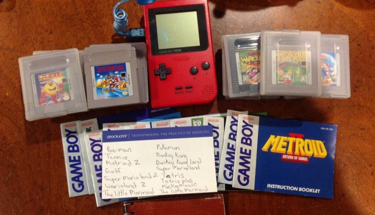 Gameboy Pocket Red Nintendo  Console MGB-001 With 15 Video games & Discovering out Light 1996