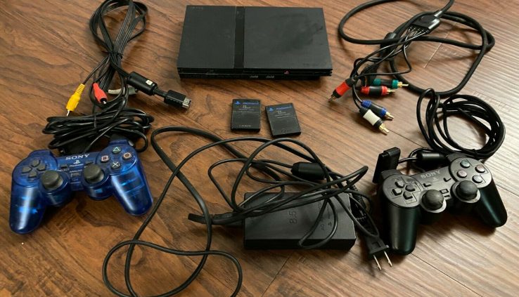 PS2 Slim Model Console with all cables, 2 controllers, 2 reminiscence playing cards, tested