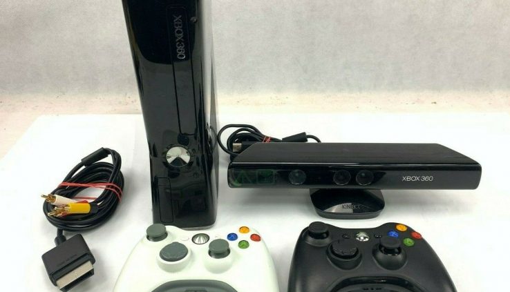 Microsoft Xbox 360 S Sleek Black 250GB (Mannequin 1439) W/ Kinect & 2 Controllers