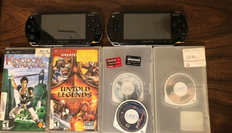 Sony PSP 1001 Bundle 2 Consoles Memory Cards 5 Video games Lot