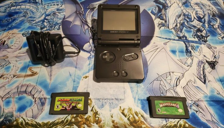 Gameboy Reach SP Graphite Handheld Scheme, Charger. w/ 2 Video games!