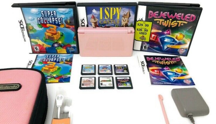 Pink Nintendo DS Lite Sport Console Handheld Machine Bundle 6 Video games Mario