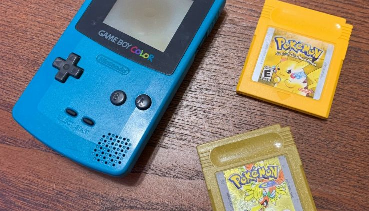Nintendo Teal Gameboy Coloration with Pokemon Yellow & Pokémon Gold Game Works