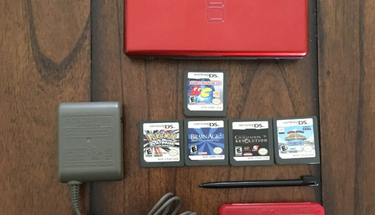 Nintendo DS Lite Crimson Purple/Sad Handheld Gadget Comes With 5 Games