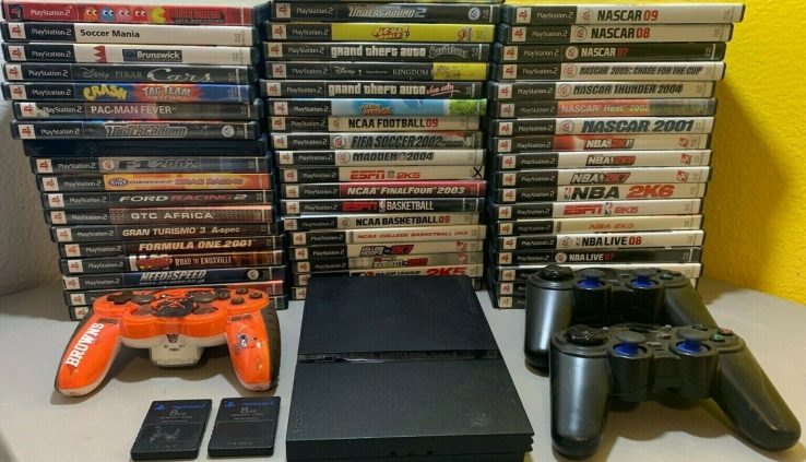 PlayStation 2 Slim SCPH-75001 w/56 Video games, 3 Wireless Controllers + 2 Memory Card