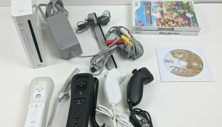 Nintendo Wii Console Bundle Mario Birthday party Zelda w/ 2 Controllers 2 Nun-chuck Kirby