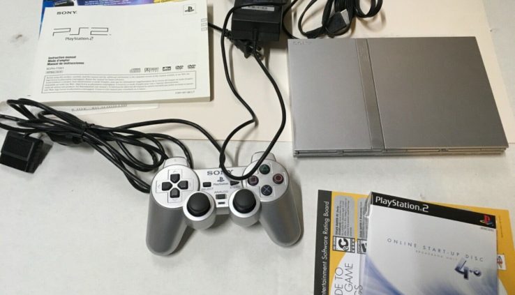 Entire Silver Sony PS2 SLIM PlayStation 2 Console Stale Gaming Gadget BUNDLE!
