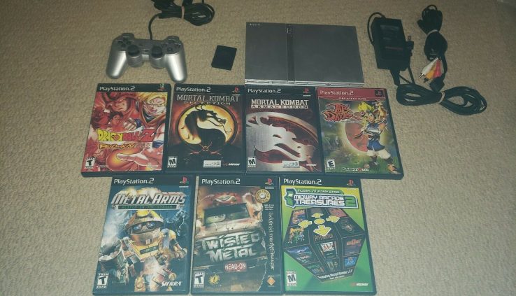 Sony Playstation2 LOT 7 GAMES PS2 Slim Silver SCPH-79001 WORKING TESTED CORDS