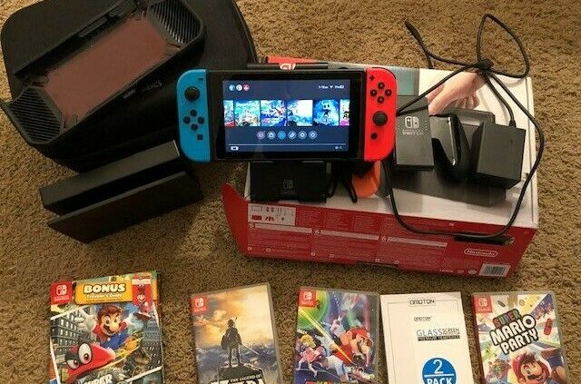 Nintendo Switch 32GB Grey Console (Crimson, Neon) + 4 Video games, Case, Stand, and further