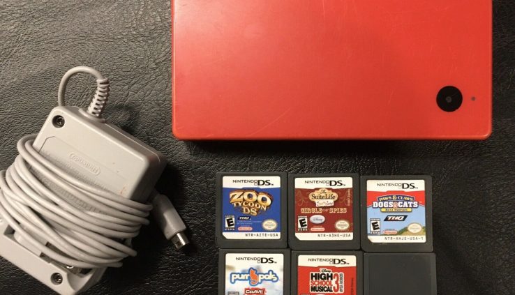 Nintendo DSi Crimson Handheld Machine Console Bundle Lot 6 Video games Stylus Charger