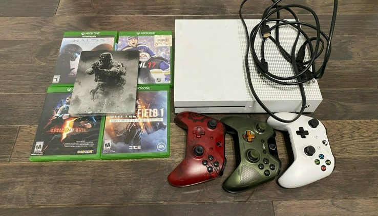 Microsoft Xbox One S 500GB White Console – 3 Controllers + 5 Video games