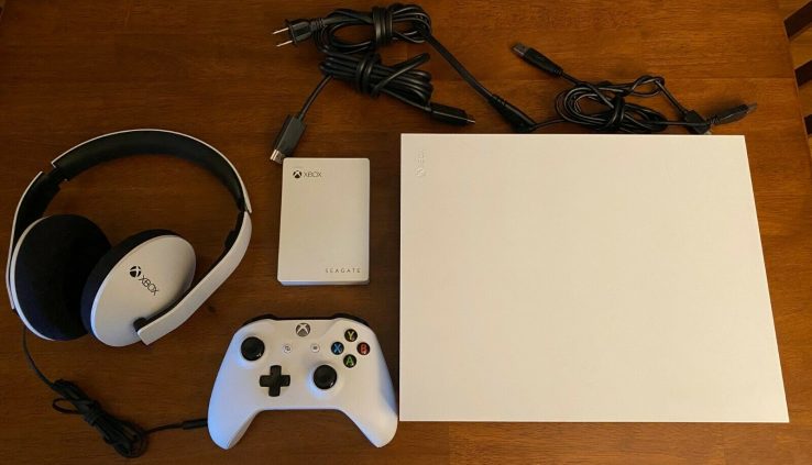 White Xbox One X 1TB with controller, headset, 4 TB external HD