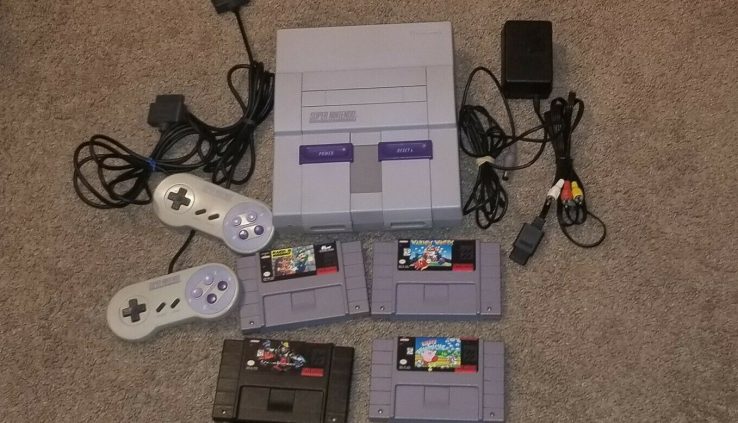 Enormous Nintendo SNES 002 lot Machine Console Total with 4 video games bundle Study