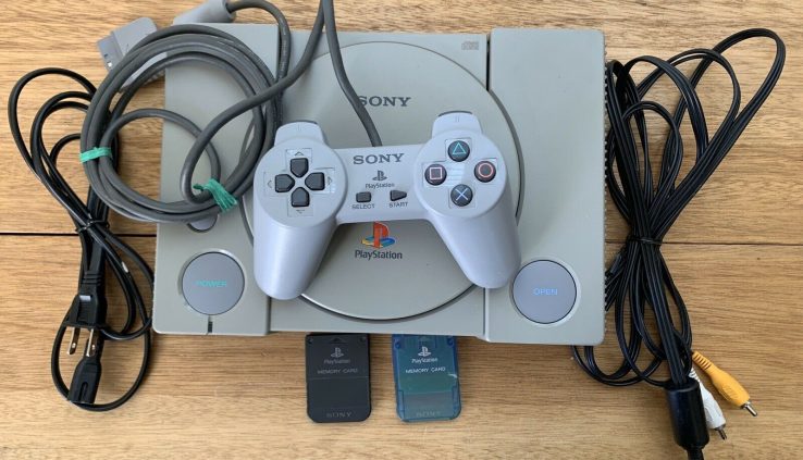 Sony Play Feature PS1 Bundle – Console/Controller/Cords/2 Reminiscence Playing cards  WORKS