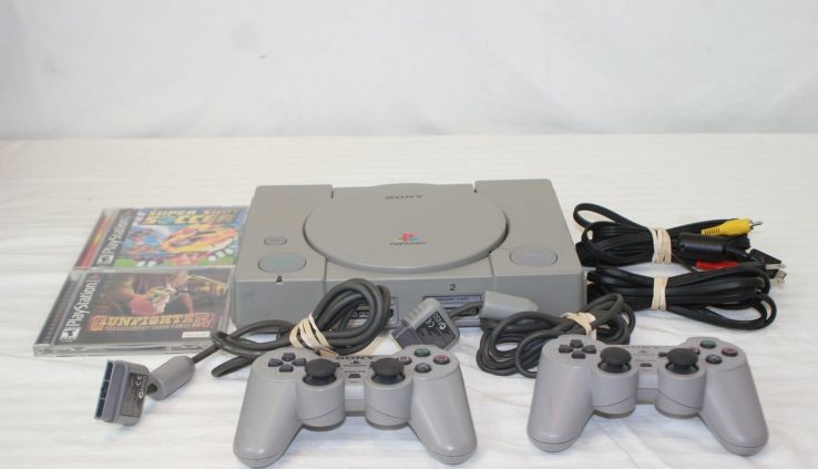 Sony PlayStation 1 PS1 with 2 Controllers & 2 Games, Gunfighter & Soccer  (690)