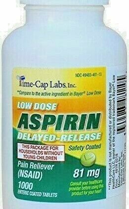 Time Cap Labs Low Dose Aspirin EC, 81 mg, 1000 Capsules -Expiration 04-2022