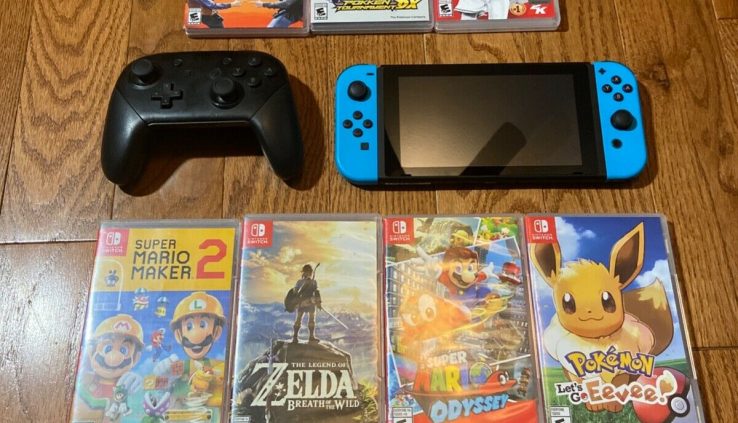 Nintendo Switch Bundle Nintendo Switch, Neon Blue JoyCons, 7 Games, and more!