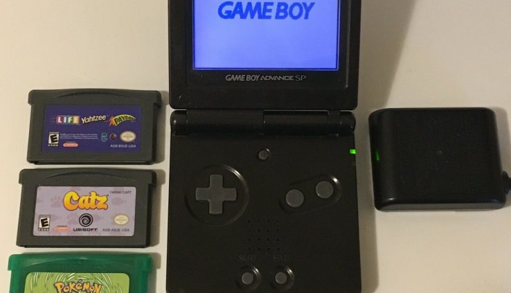Nintendo Gameboy Advance SP With Charger + Pokemon Leaf Inexperienced Repro