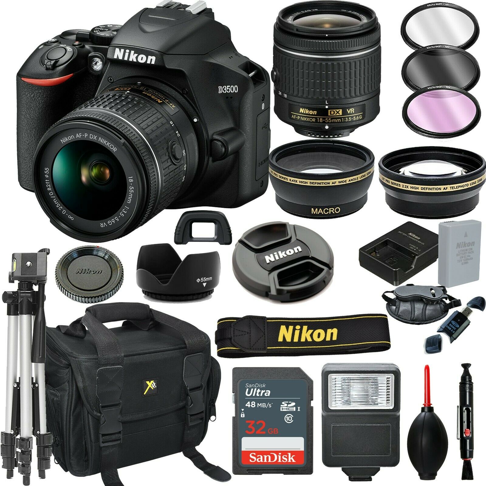 Nikon D3500 Digital Slr Camera Shadowy + 18-55mm Vr Lens + 32gb Bundle 