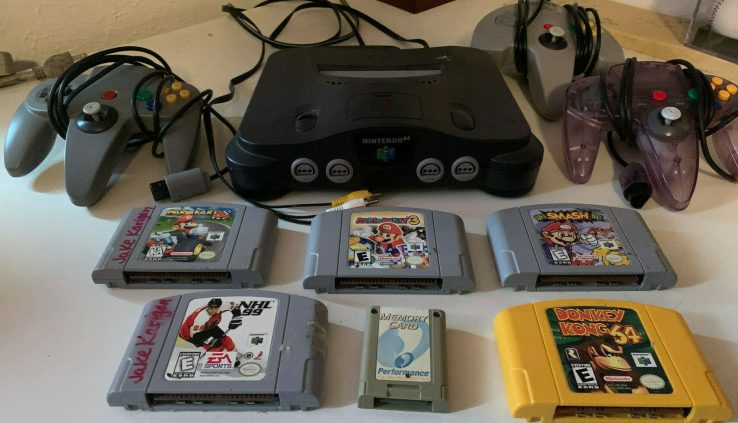 Nintendo 64 Console and Sport Lot -Mario Kart 64, Mario Celebration 3, Enormous Fracture Bros