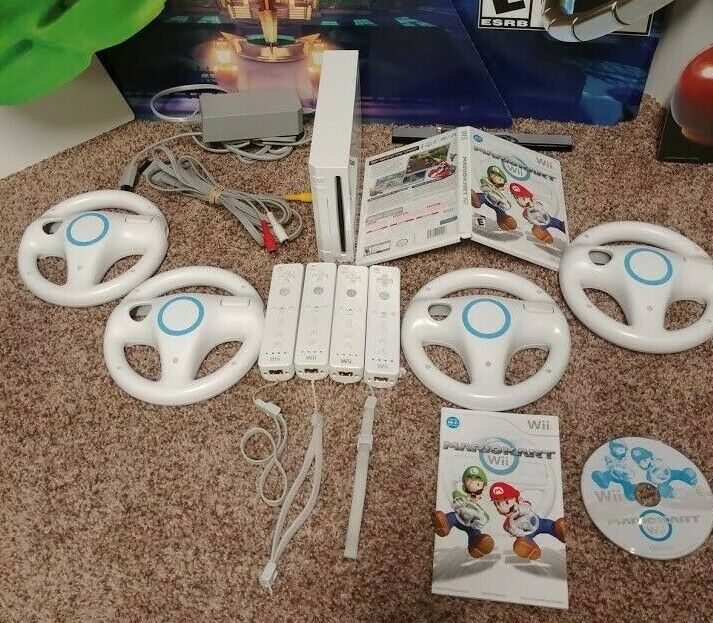 Nintendo Wii Console Mario Kart Bundle With 4 Controllers And 4 Wheels Tested Icommerce On Web 2178