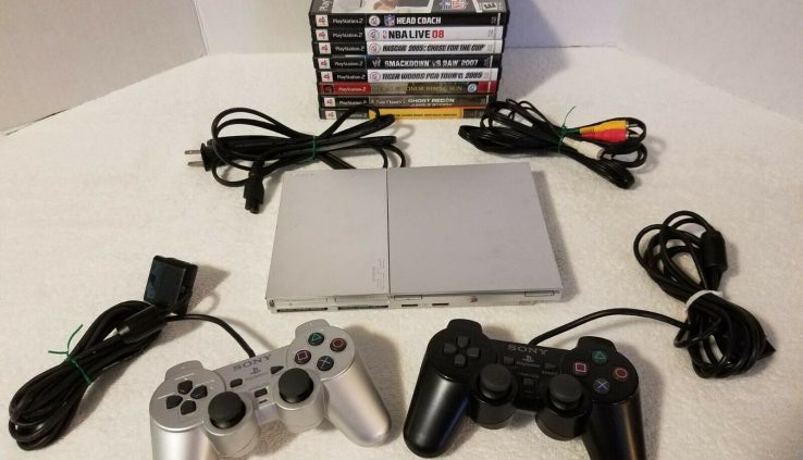 Sony PlayStation 2 PS2 Slim Silver Console Bundle W/ 2 Controllers