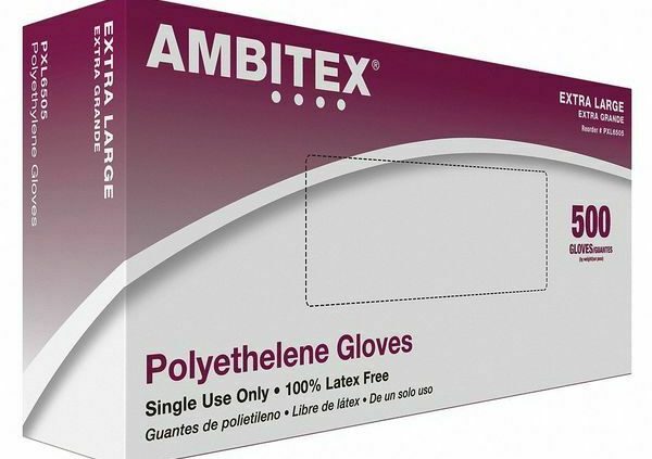 AMBITEX Disposable Gloves, Polyethylene, Powder Free, Sure, 500PK Any Sizes