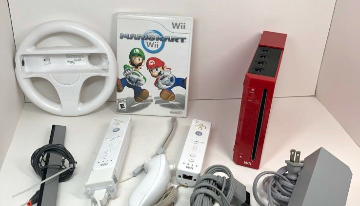 Red Nintendo Wii Console RVL-001 Bundle Mario Kart Sport Wheel Controllers Cables