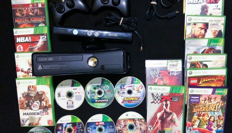 XBOX 360 S Game Console + Kinect with 2 Controllers and 24 Video games (watch pics)