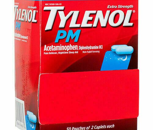 TYLENOL PM Extra Energy Anxiety Reliever Relieve 50 Packets of 2 Caplet, Total 100 Ct