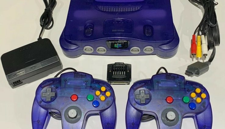 Nintendo 64 N64 Grape Purple Console Cleaned Examined 2 NEW Controllers + Jumper