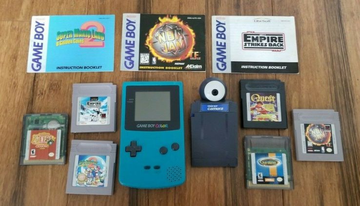 NINTENDO GAMEBOY COLOR TEAL – Handheld Gadget + 6 GAMES and GAMEBOY CAMERA