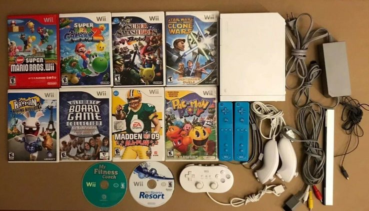 Nintendo Wii Bundle: Console 10 Video games 2 Controllers with Nunchucks: Mario