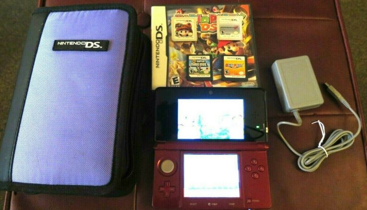 Nintendo 3DS Crimson Handheld Diagram with charger, case & 4 video games; 2 Gig SD Card