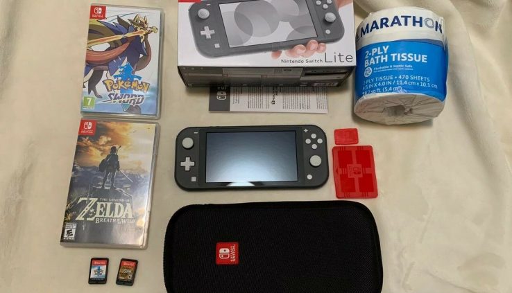 Nintendo Switch Lite (Grey) WITH Zelda BOTW, Pokemon Sword, Bathroom Paper + mSD