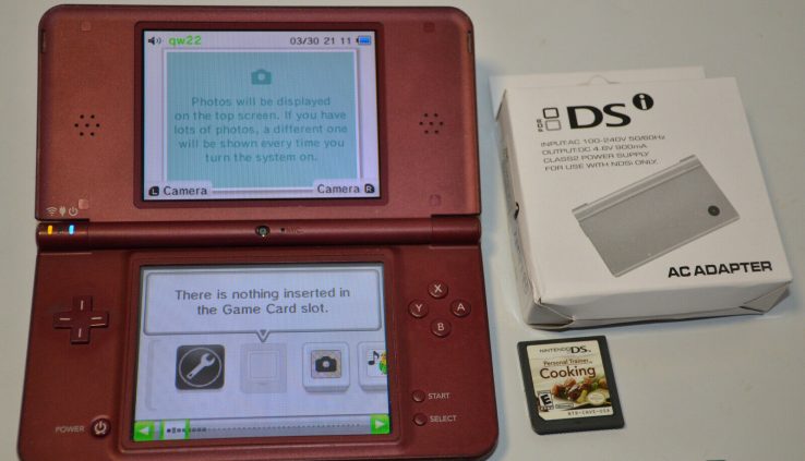 Nintendo DSi XL Burgundy Handheld Machine W/ Charger + Free Sport (Cooking Coach