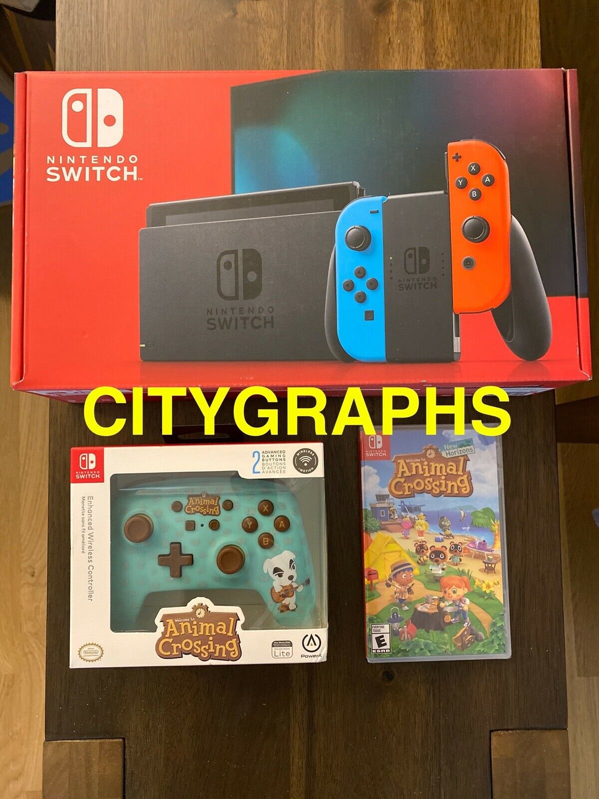 32GB NINTENDO SWITCH ANIMAL CROSSING BUNDLE NEON RED BLUE CONSOLE