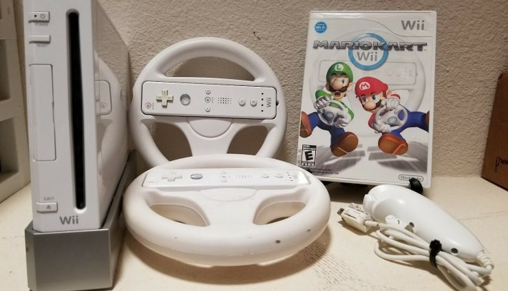 Nintendo Wii Console Mariokart Arrangement with Remotes, 2 Wheels a Nunchuk