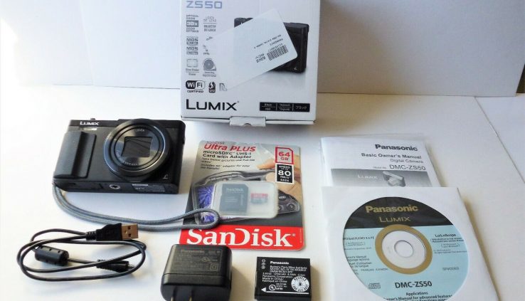 Panasonic Lumix DMC-ZS50 12.1MP, 30X Zoom,Time Lapse, 64GB Card + gear