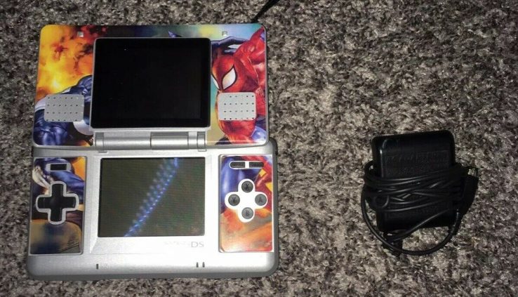 Nintendo DS Silver Handheld Machine W/ Spider-Man Skin Decals, Stylus,