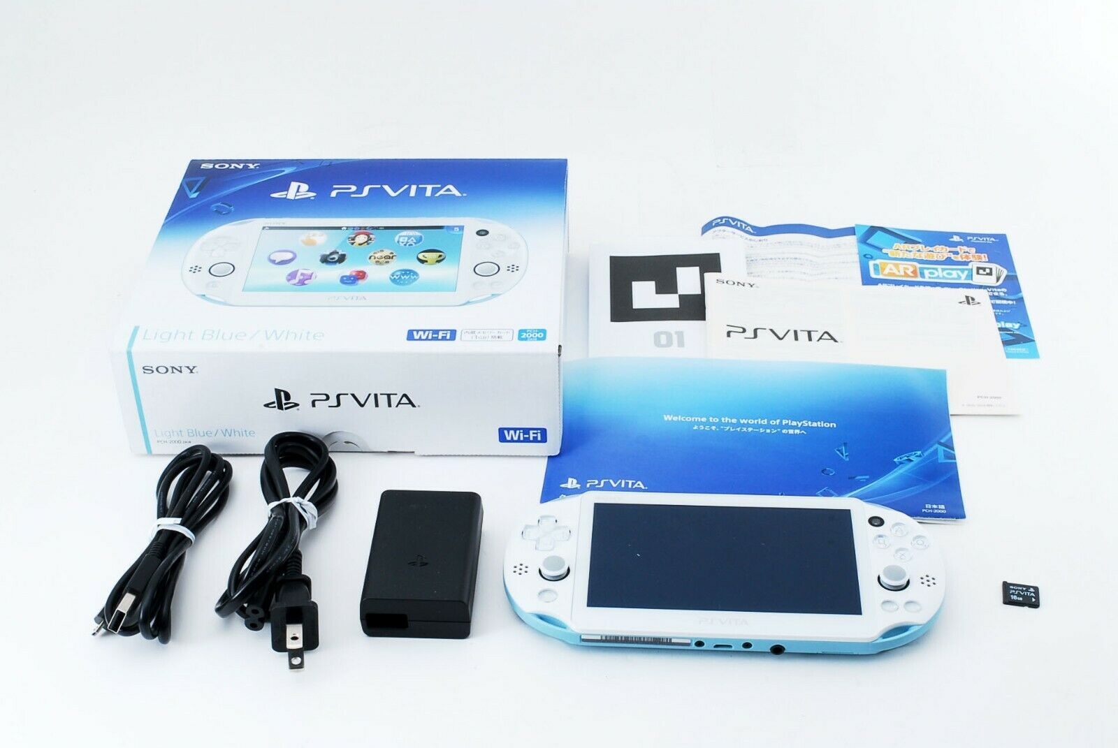 Sony PS Vita Gentle Blue White PCH-2000 w/ Charger and Field from Japan