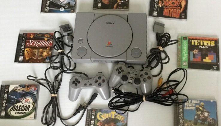 Sony PS1 Console & 8 Game Bundle w/ Controllers, Cords,  Examined Works