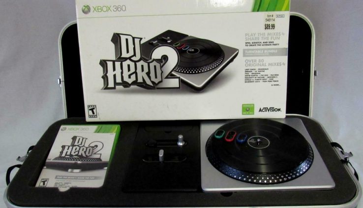 XBOX 360 DJ HERO 2 COMPLETE W/ BOOK DISC #2 TURN TABLE CARRYING CASE STAND