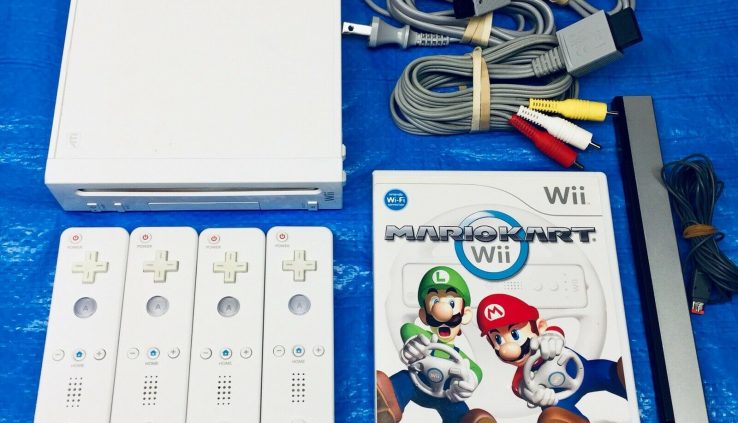 Nintendo Wii Console with 4 Controllers Remotes + Mario Kart