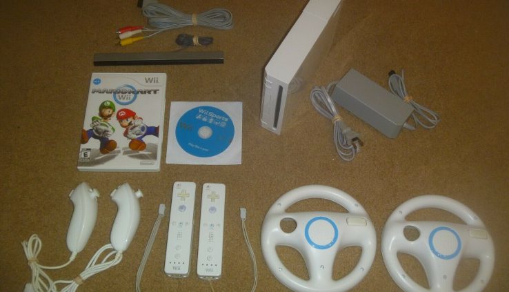 Nintendo Wii Console Mario Kart Bundle + Wii Sports activities + 2 Controllers + 2 Wheels